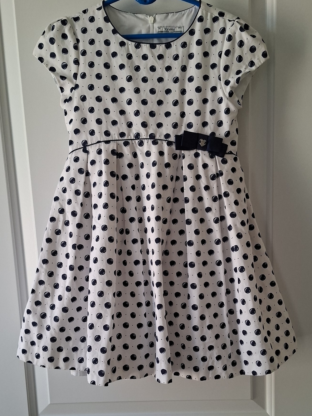 Mayoral Girls White and Navy Polka Dot Cotton Dress with Bow size 8